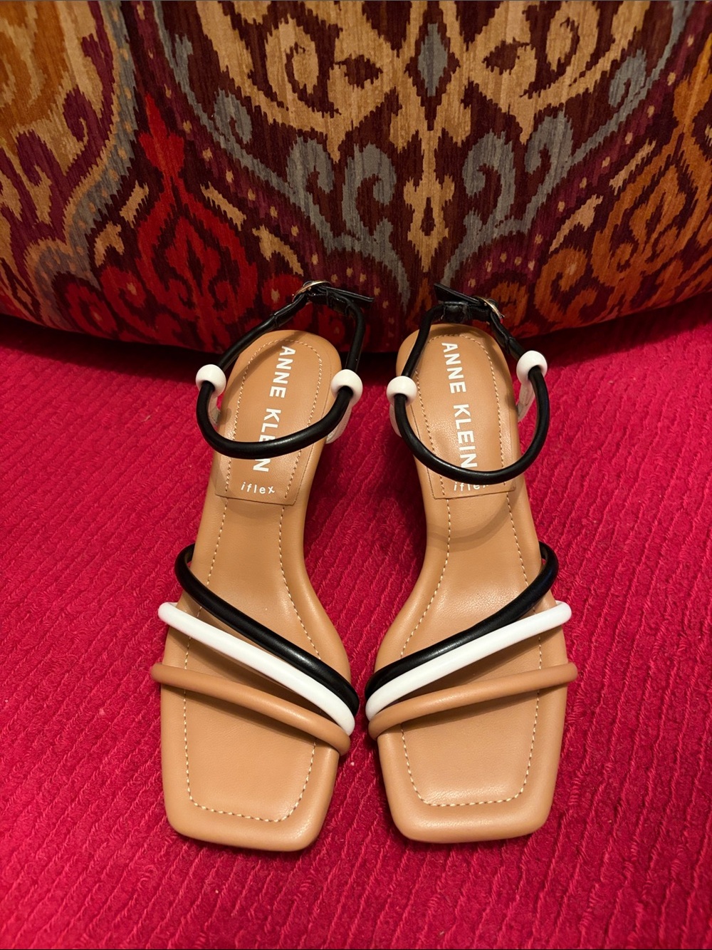 Anne Klein Tan Strappy Heels with Black and White Accents